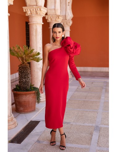 Vestido flor hombro rojo