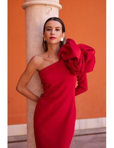 Vestido flor hombro rojo